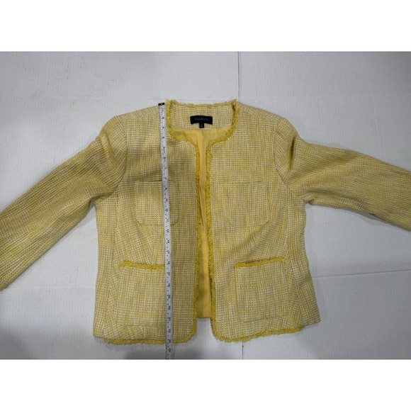Talbots Yellow Tweed Jacket Women's Size 12 Fringe Trim Open Front Blazer - Picture 6 of 11